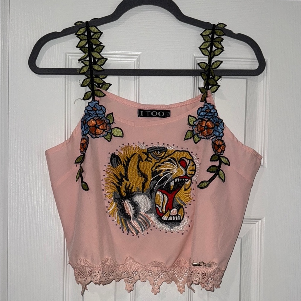 Pink Embroidered Tiger Women's Top